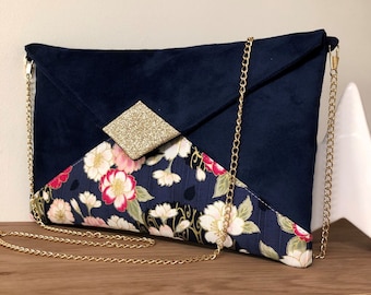 Blue evening clutch bag, japanese floral fabric, golden sequins / Customizable wedding clutch bag / Pink and gold flowers chain handbag