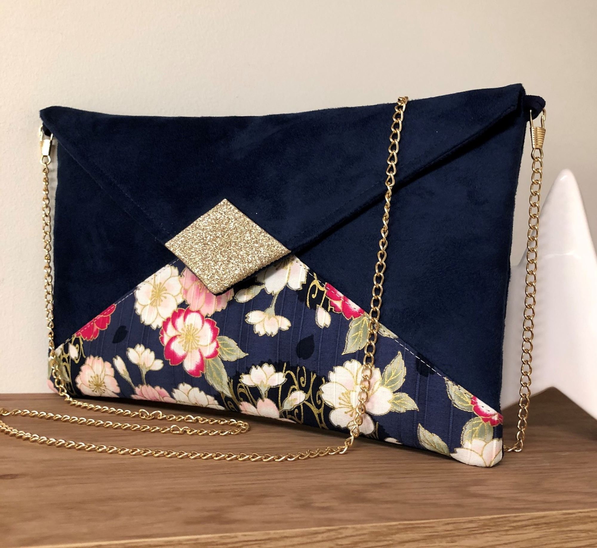 Blue Evening Clutch Bag Japanese Floral Fabric Golden 