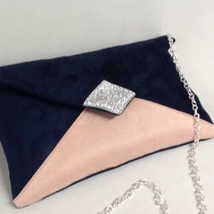Navy blue and powder pink wedding bag, silver glitter / Customizable evening bag with chain / Night blue shoulder strap bag to custom image 7