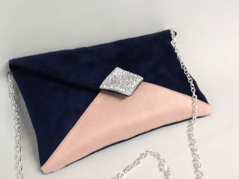 Navy blue and powder pink wedding bag, silver glitter / Customizable evening bag with chain / Night blue shoulder strap bag to custom image 7