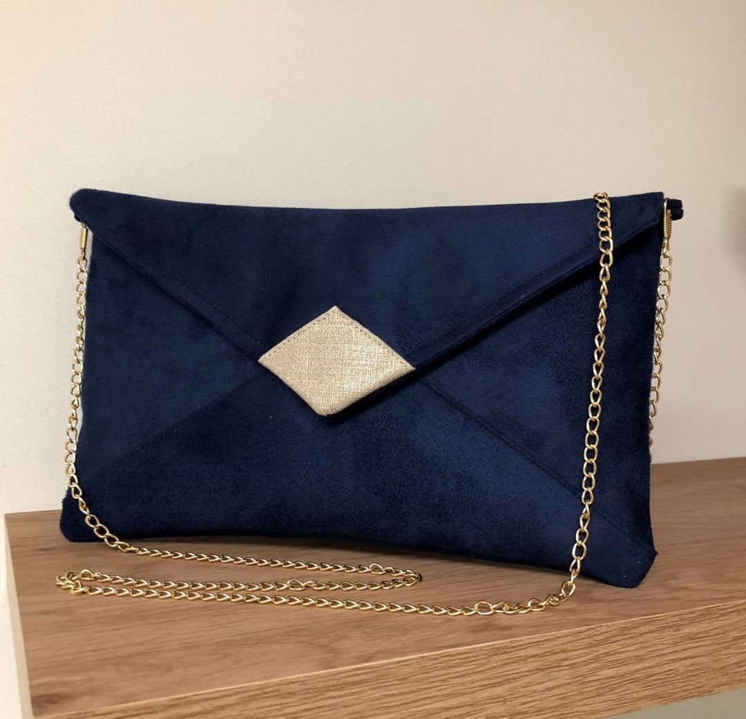 Pochette mariage bleu marine et dor?�e / Pochette soir?�e su?�dine et lin dor?�, personnalisable 