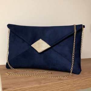 Clutch de boda azul marino y dorado / Clutch de noche de ante y lino dorado, personalizable con o sin cadena / Bolso de hombro