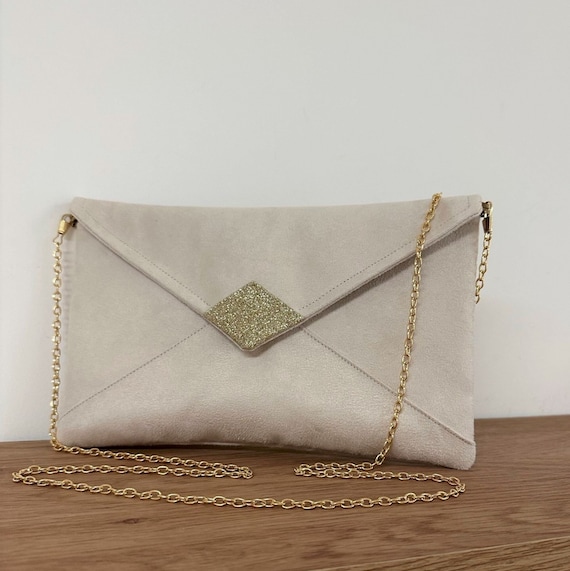 Ecru Wedding Clutch Bag in Suedette and Gold Sequins Customizable Ivory Evening Clutch Bag With or Without Chain Ivory Handbag Etsy