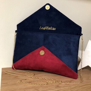 Navy blue, fuchsia pink and gold sequins wedding clutch bag / Envelope-shaped evening clutch bag, customizable suede / Women's handbag image 3