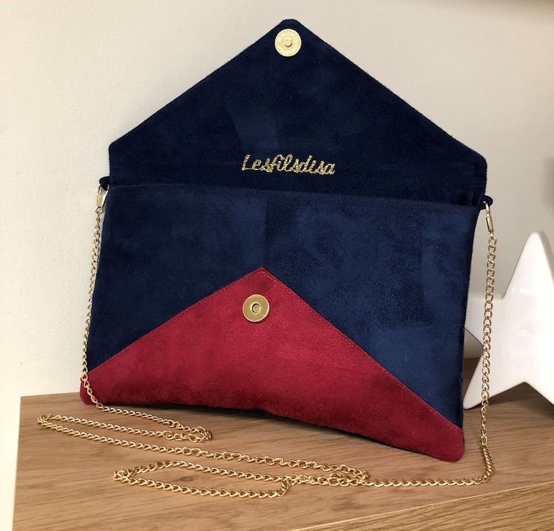 Navy blue, fuchsia pink and gold sequins wedding clutch bag / Envelope-shaped evening clutch bag, customizable suede / Women's handbag image 3