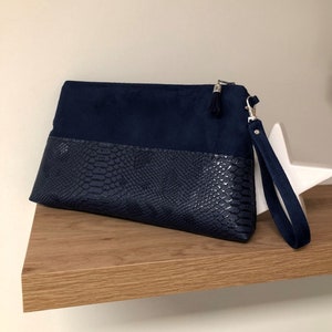 Navy blue wedding clutch bag / Suede and reptil leatherette evening bag / Night blue handbag / Zipped clutch bag with strap/ Wedding bag