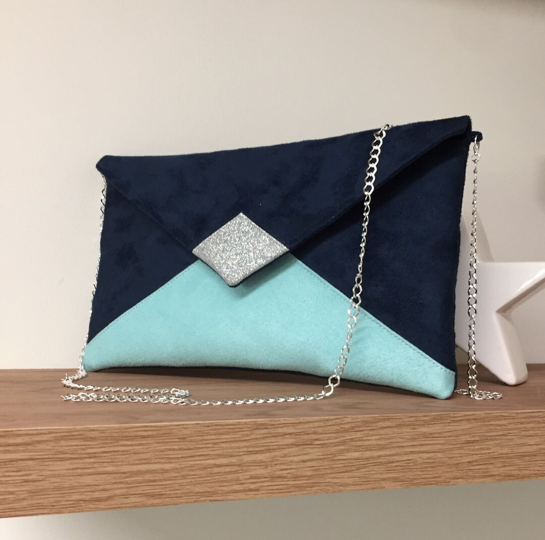 Navy Blue and Mint Green Wedding Clutch Bag, Silver Glitter / Envelope