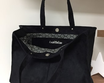 Sac shopper noir effet daim pour femme / Sac cabas suédine noire / Sac fourre tout simili daim personnalisable / Sac shopping porté épaule