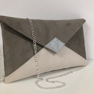 Taupe grey and ecru wedding clutch bag, silvery sequins, chain / Envelope-shaped evening clutch bag, customizable suede / Silver chain bag