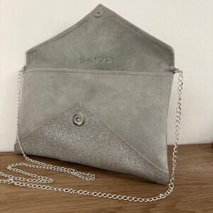 Pochette De Soirée Femme Pailletée Argentée - 20x14x6 Cm, Chaîne Amovible 120 Cm, Poignée Perles