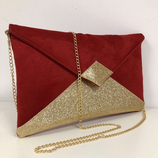 Red wedding clutch bag in suede and gold sequins / Bright red evening clutch bag, envelope shape, gold sequins / customizable wedding bag