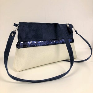 Pochette mariage bleu marine, blanc à paillettes et dragonne / Sac à main zippé, bi matière, personnalisable, suédine, simili cuir image 10