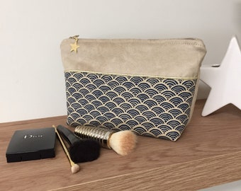 Small wave and suede Japanese fabric bag pouch / Beige, night blue and gold make-up bag / Zipped pouch, with star / Women&#39;s gift