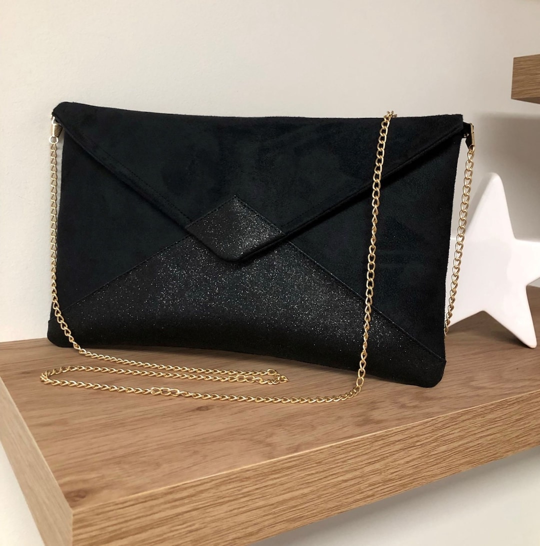 Pochette soir?�e noire ?� paillettes, cha?�nette amovible / Pochette mariage, forme enveloppe 