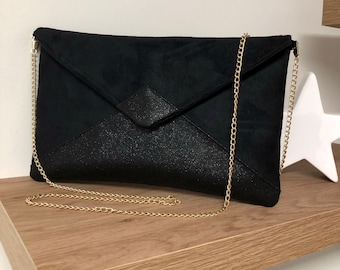 Black sequined wedding bag, removable chain / Evening bag, envelope shape, customizable / Black suede woman handbag / Clutchbag to custom