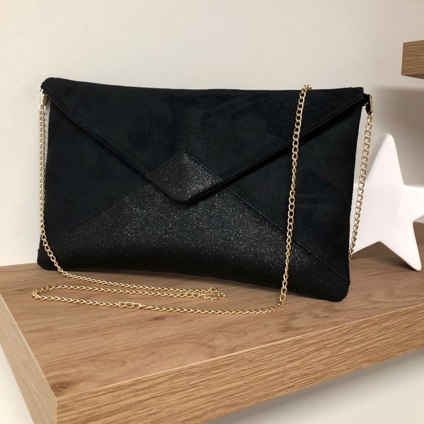 Zwarte avondclutch met pailletten, afneembare ketting/bruiloftclutch, envelopvorm, aanpasbaar/zwarte suède damestas