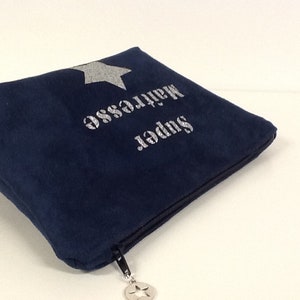 Customizable teacher's bag, navy blue and silver / Make-up bag, suede, glitter / Personalized teacher's gift image 6