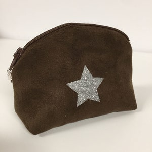 Women's or children's wallet, brown, glitter star / Chocolate suede mini zipped pocket, glitter / Customizable bag accessory / Wallet image 2