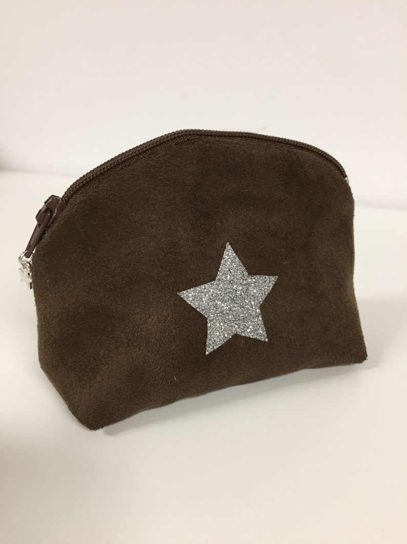 Women's or children's wallet, brown, glitter star / Chocolate suede mini zipped pocket, glitter / Customizable bag accessory / Wallet image 2