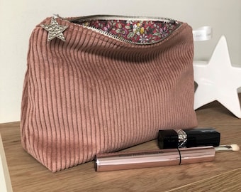 Old pink corduroy pouch / Velvet makeup bag / Women&#39;s cosmetic storage, customizable / Sportswear zipped corduroy pouch
