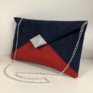 Navy blue and red wedding bag, silver glitter / Customizable evening bag with chain / Night blue and bright red shoulder strap bag to custom image 6