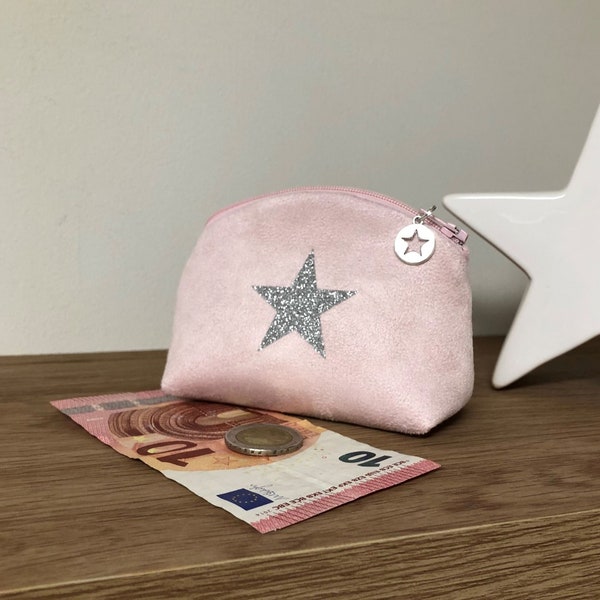 Petit porte monnaie rose pastel avec étoile pailletée / Petite bourse zippée suédine rose pale, paillettes / Accessoire sac personnalisable