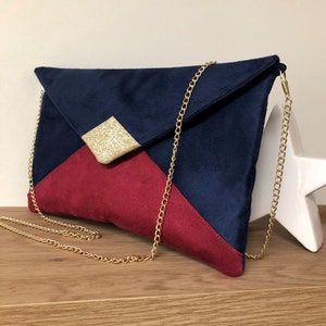 Navy blue, fuchsia pink and gold sequins wedding clutch bag / Envelope-shaped evening clutch bag, customizable suede / Women's handbag image 2