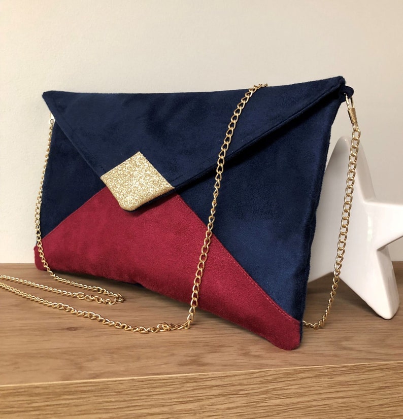 Navy blue, fuchsia pink and gold sequins wedding clutch bag / Envelope-shaped evening clutch bag, customizable suede / Women's handbag image 2