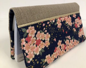 Linen checkbook holder, Japanese Sakura flowered fabric / Navy blue, beige, gold checkbook case / Checkbook cover, customizable / Flowers
