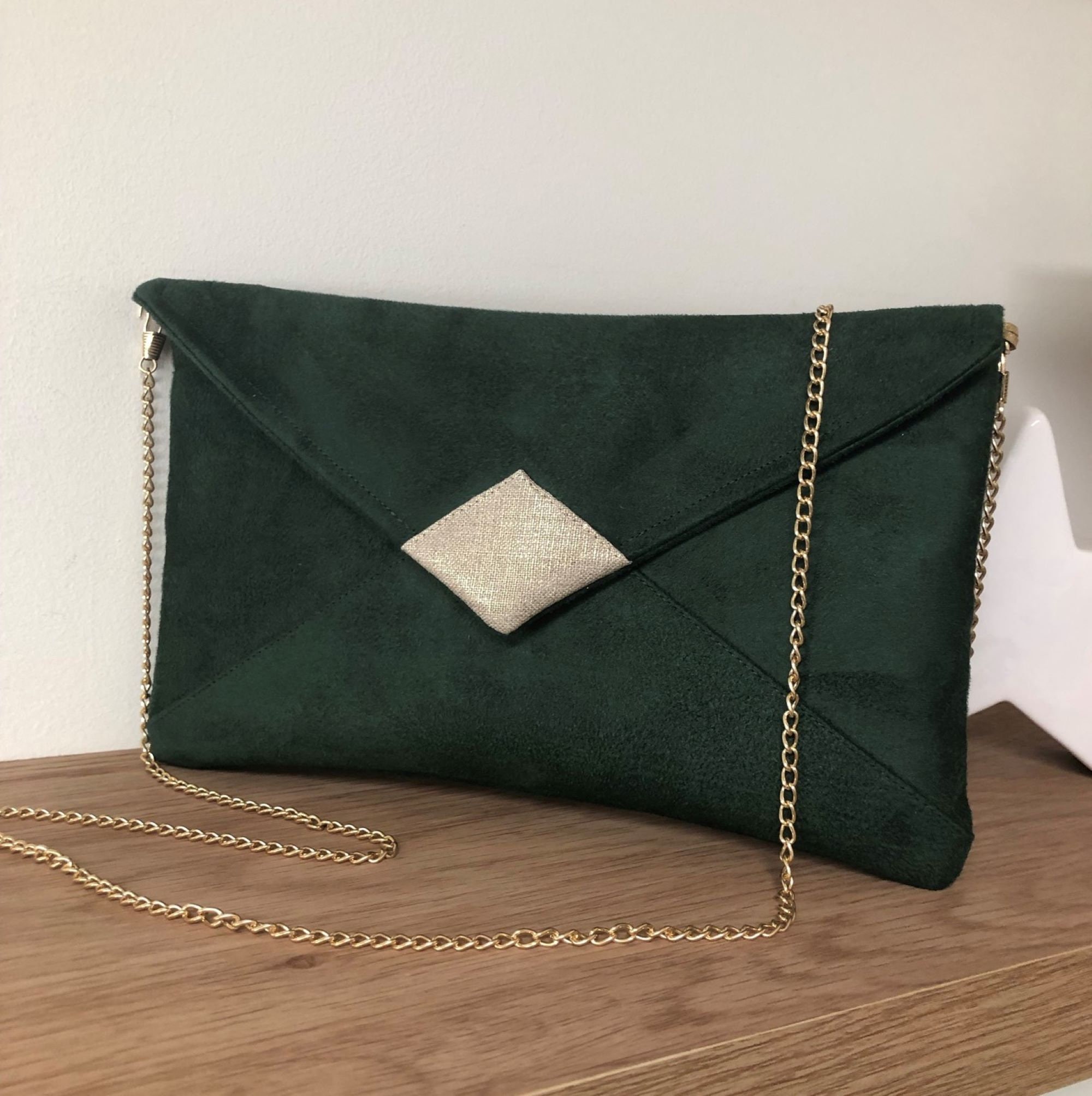 Fir Green and Gold Wedding Clutch Bag / Suedette and Gold 