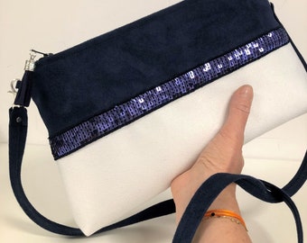 Sac bandoulière bleu marine et blanc, à paillettes / Sac à main zippé avec bandoulière amovible  / Pochette soirée personnalisable