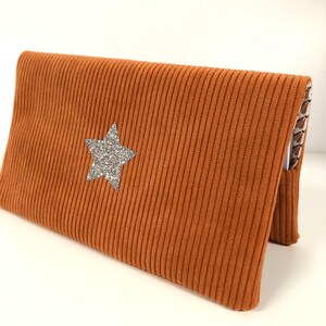 Checkbook holder in orange velvet, silver star / Women's checkbook case, corduroy, sequined, customisable / Wallet size / Customizable gift