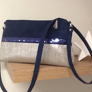 Sac bandoulière bleu marine et argenté, avec paillettes / Petit sac à main zippé, suédine et lin / Sac pochette mariage