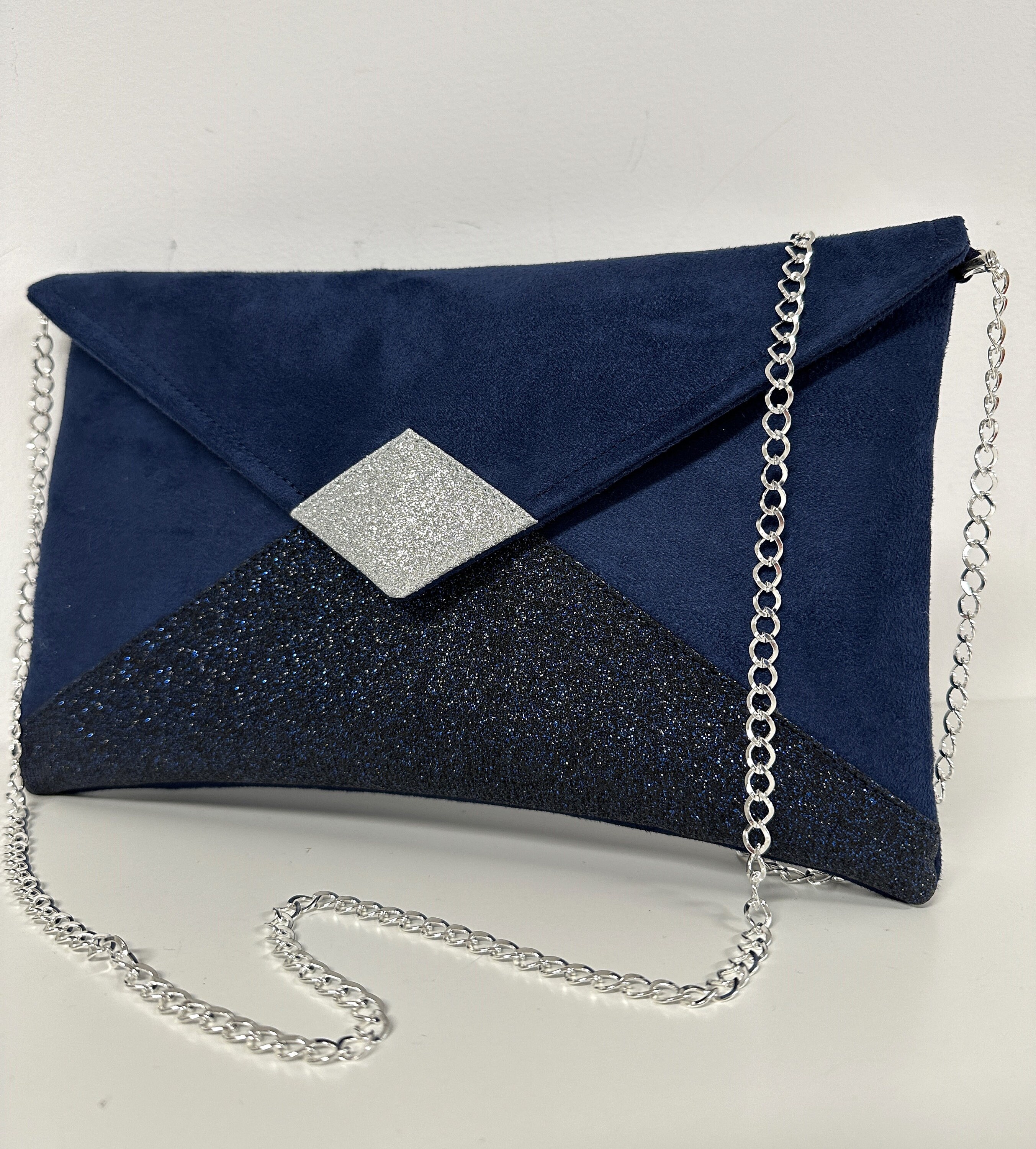 Navy Blue Wedding Clutch Bag Silver Sequins Customizable Envelope Clutch Bag Handbag with or Without Chain