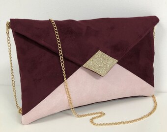 Pochette mariage bordeaux et rose pale, paillettes dorées / Sac chaînette forme enveloppe, suédine à personnaliser / Sac à main femme soirée