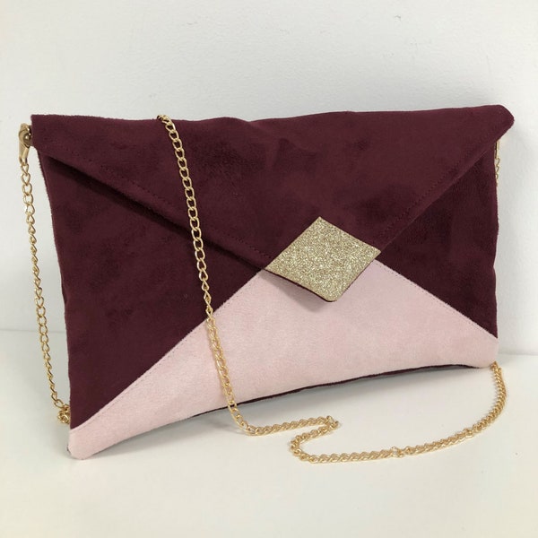 Burgundy and pale pink wedding clutch bag, golden sequins / Envelope-shaped chain bag, suede to custom / Customizable evening handbag