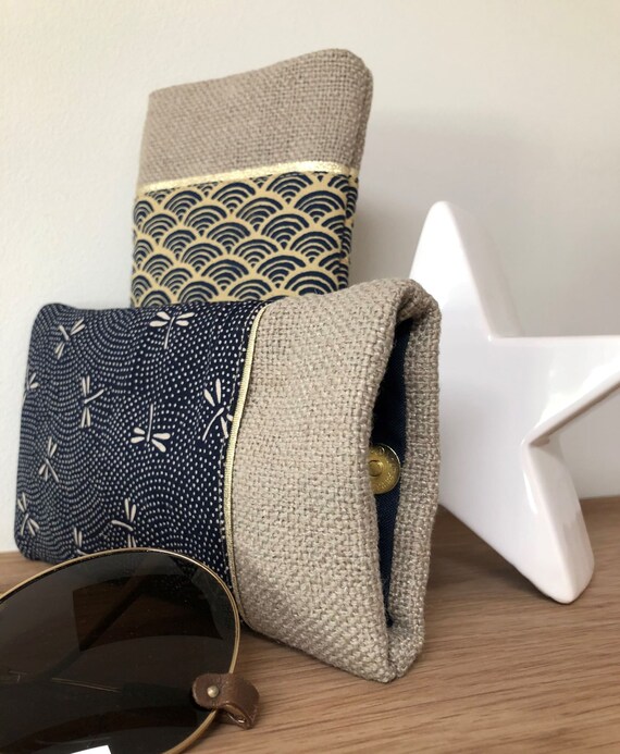 Mini Pencil Case in Japanese Fabric and Linen, Golden Star / Small