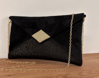 Hochzeits-Clutch in Schwarz und Gold mit Glitzer / Anpassbare Handtasche aus Wildleder in Umschlagform / Clutch mit abnehmbarer Kette