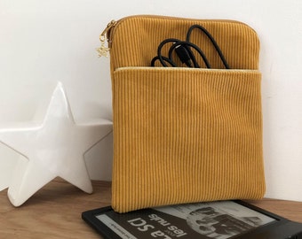 Pochette liseuse Kobo, Kindle, velours côtelé jaune moutarde , 6 à 10 pouces - Lesfilsdisa