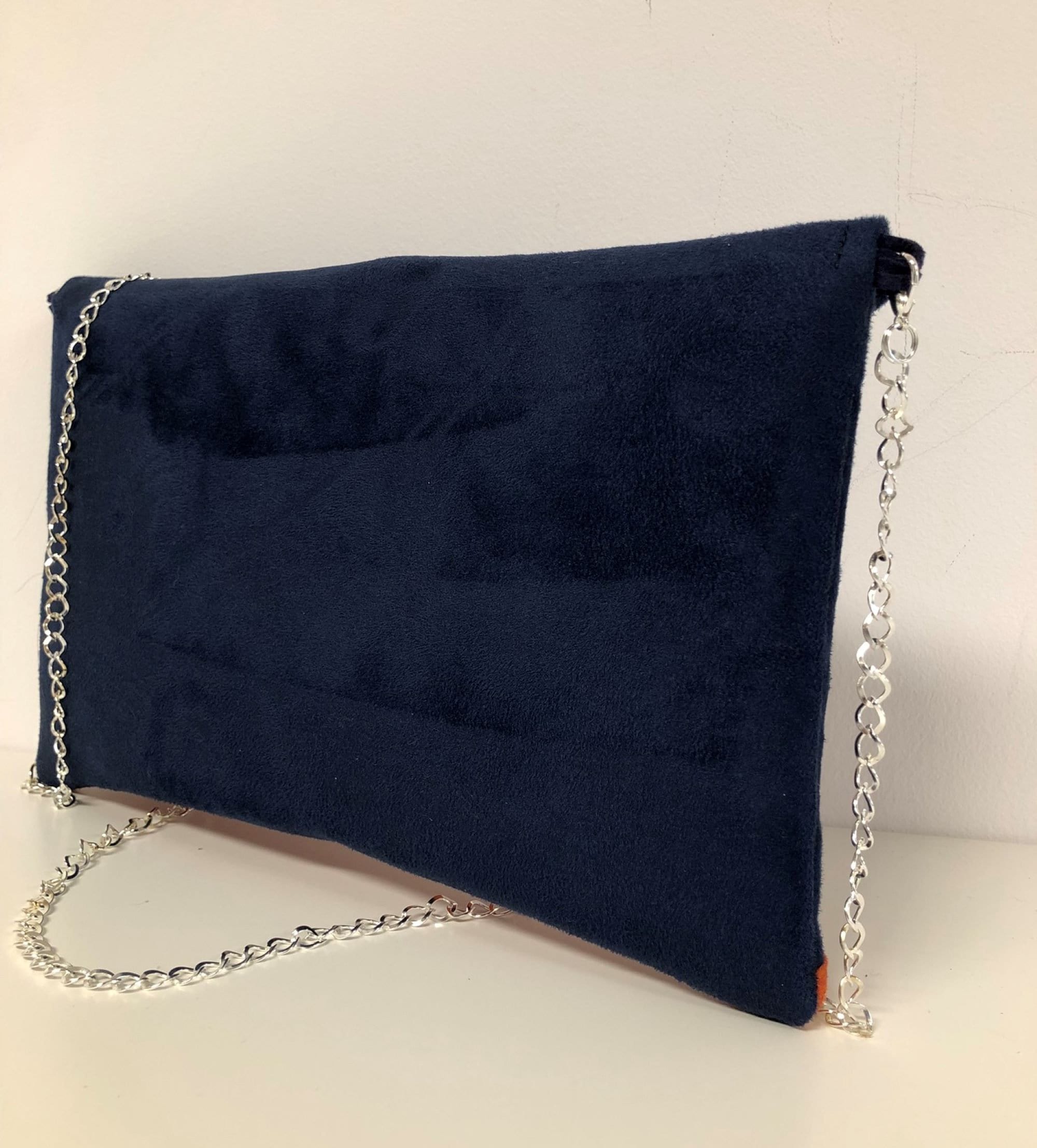 Navy Blue and Orange Wedding Clutch Bag with Silver Glitter Suedette Evening Clutch Bag in Envelope Form Customizable Wedding Handbag