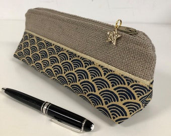 Mini pencil case in japanese fabric and linen, golden star / Small customizable pen triangle case, beige, navy blue and gold