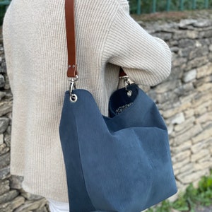 Duck Blue Hobo Bag Removable Camel Leather Handle / Corduroy - Etsy