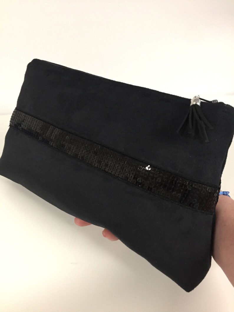 Black sequined evening clutch bag / Customizable wedding clutch bag in suedette and sequins / Black zipped handbag image 6