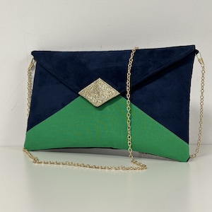 Clutch de boda con lentejuelas azul marino, verde prado y dorado / Bolso de noche tipo sobre, personalizable / Bolso de mano con cadena