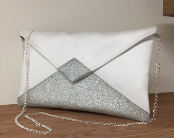 Pochette mariage blanc et argenté personnalisable / Sac chainette AVEC ou SANS bandoulière / Sac pochette soirée suédine et paillettes