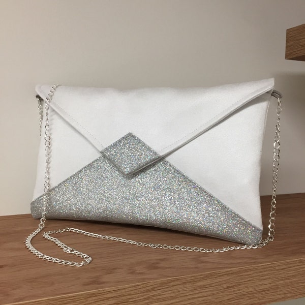 Pochette mariage blanc et argenté personnalisable / Sac chainette AVEC ou SANS bandoulière / Sac pochette soirée suédine et paillettes