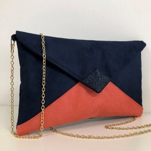 Navy blue and coral wedding clutch bag with sequins / Suedette evening clutch bag, customizable / Chain handbag image 1