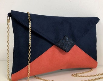 Navy blue and coral wedding clutch bag with sequins / Suedette evening clutch bag, customizable / Chain handbag