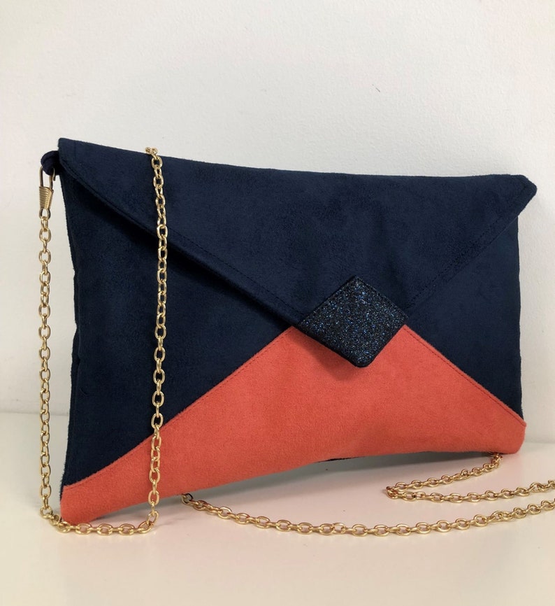 Navy blue and coral wedding clutch bag with sequins / Suedette evening clutch bag, customizable / Chain handbag image 1