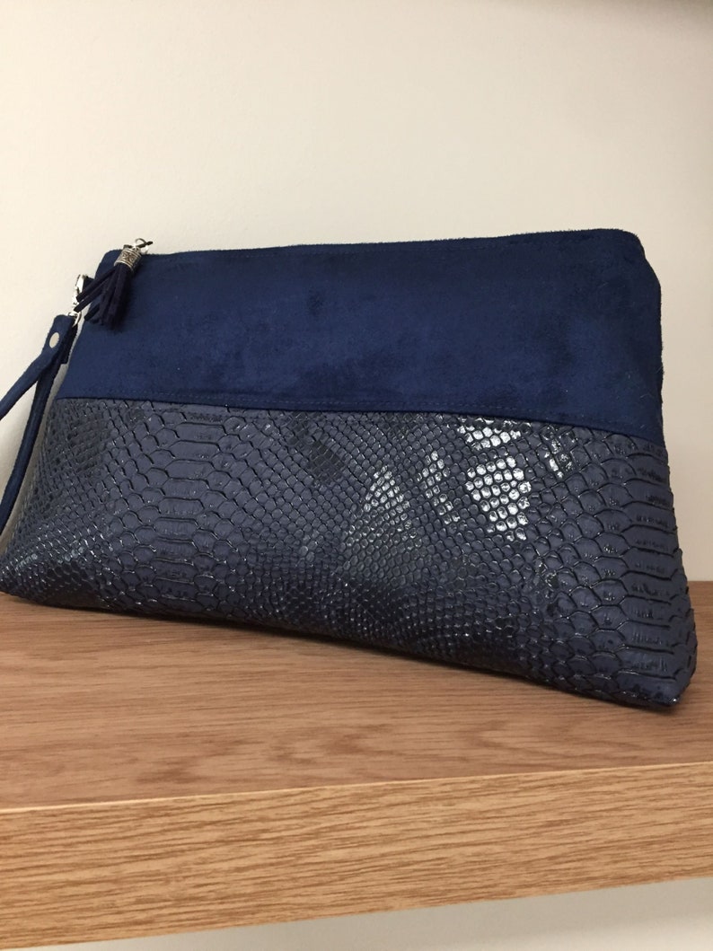 Clutch de novia azul marino, asa extraíble / Bolso de mano mujer ante, piel sintética de reptil / Bolso de mano personalizable azul medianoche imagen 8